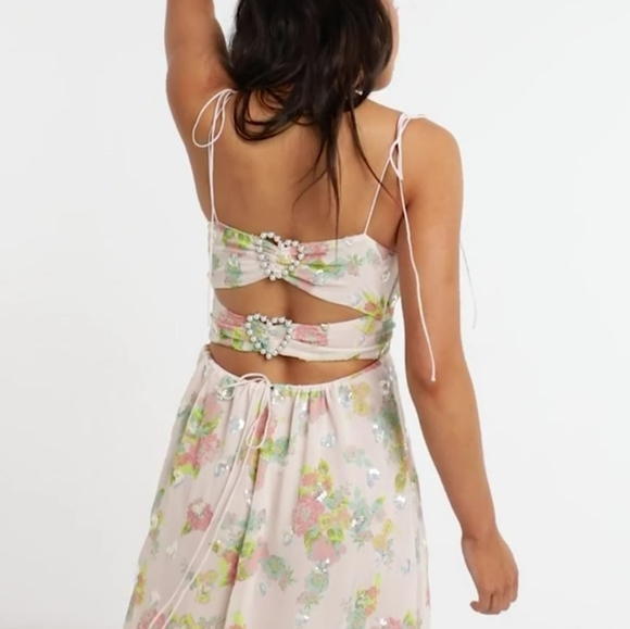 FOR LOVE AND LEMONS LOUISA DOUBLE TIE FRONT FLORAL SEQUIN MAXI DRESS SIZE LARGE - Picture 8 of 16